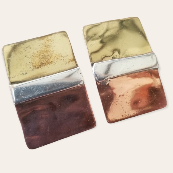 Vintage Artisan Designed Hand Crafted Tr-Tone Metal Post Style Pierced Earrings - Picture 5 of 8